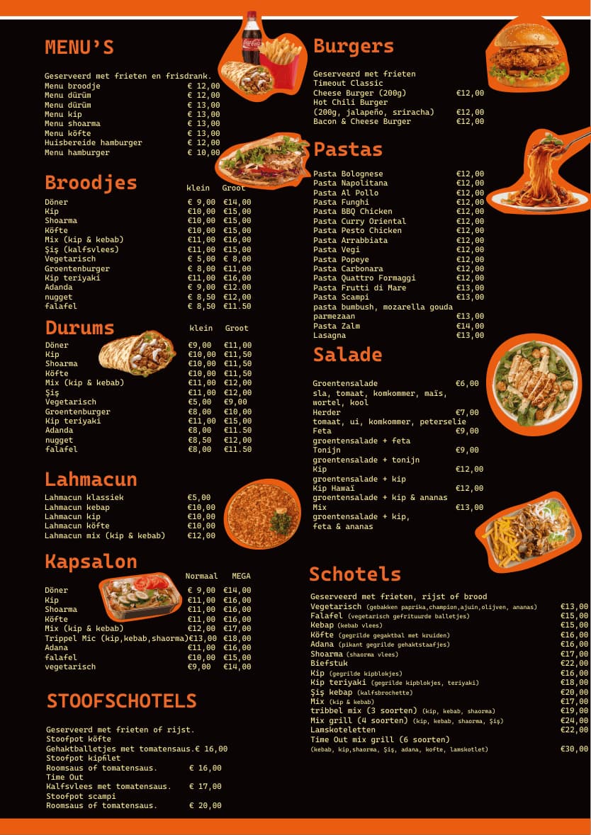 Menu voorbeeldpagina met kebab en pasta