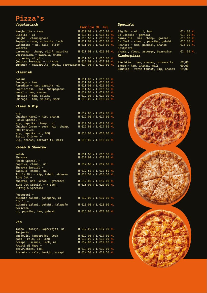 Menu voorbeeldpagina met pizza's